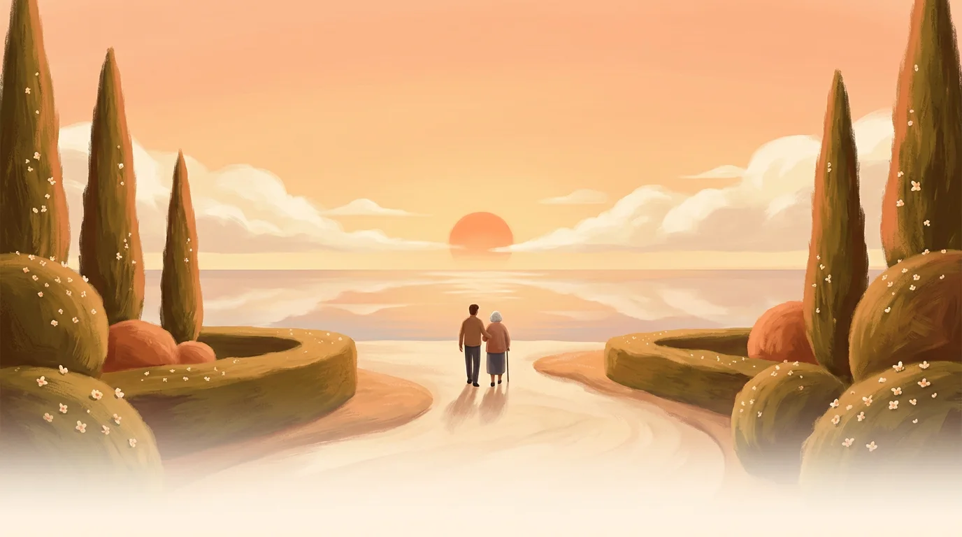 Two people walk side by side along a sandy path toward a low orange sun at dawn.