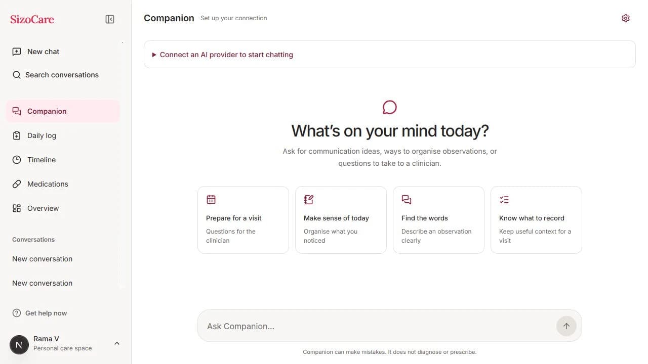 SizoCare home with Companion prompt starters: prepare for a visit, make sense of today, find the words, know what to record